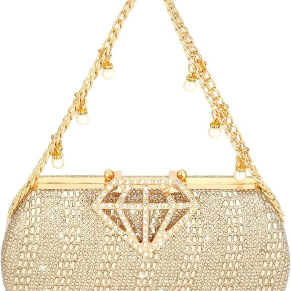 Other - Gold rhinestone evening clutch with pearl chain, 8.3x4.3 inch